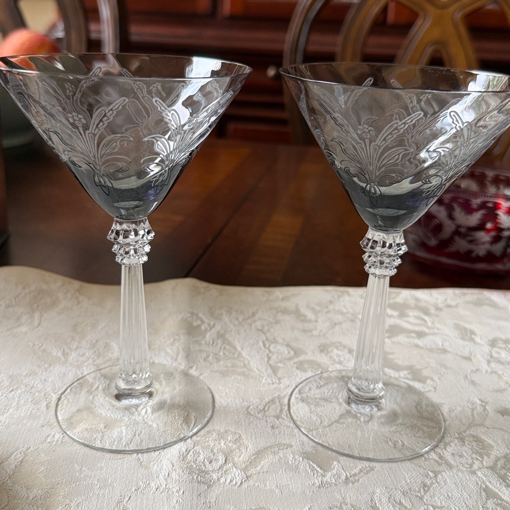 Fostoria Iris swirl optic smock gray crystal lot of 2 champagne footed glasses